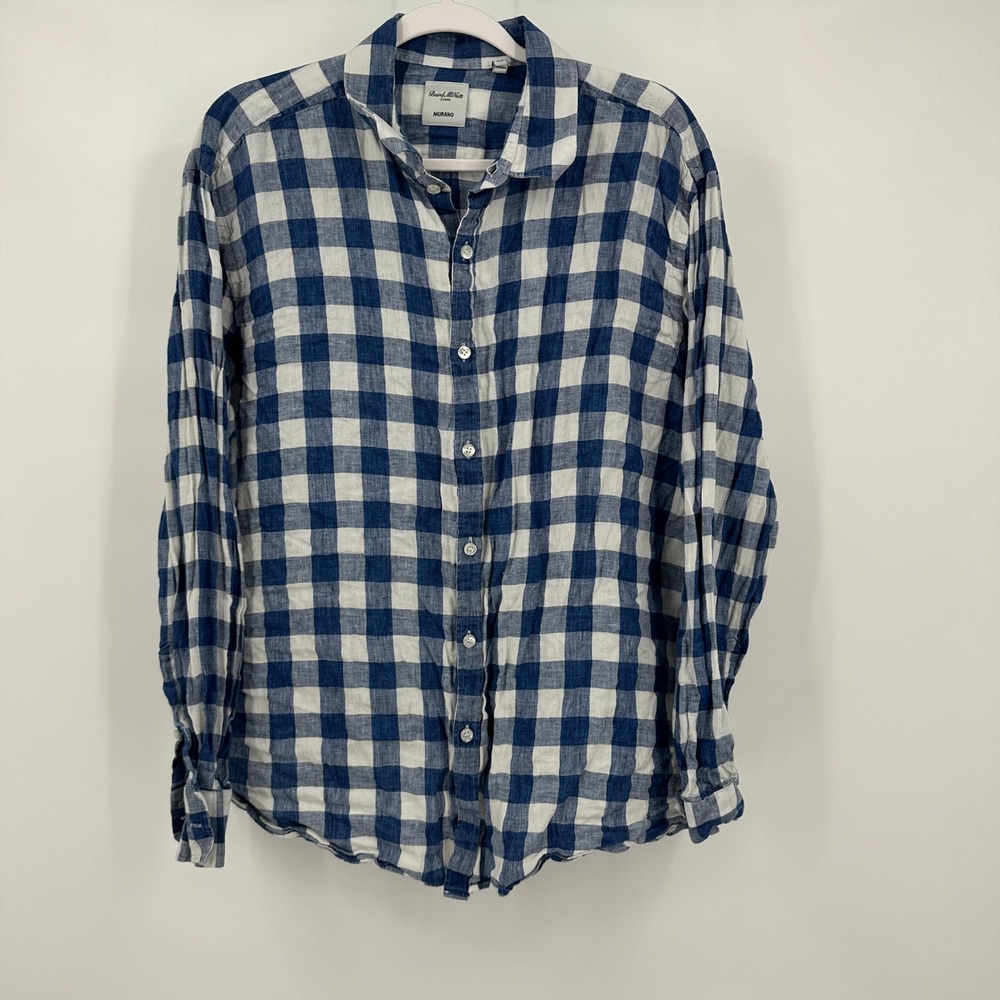 Baird McNutt Murano Mens Linen Gingham Check Shirt Size XL Blue White Old‎ Money